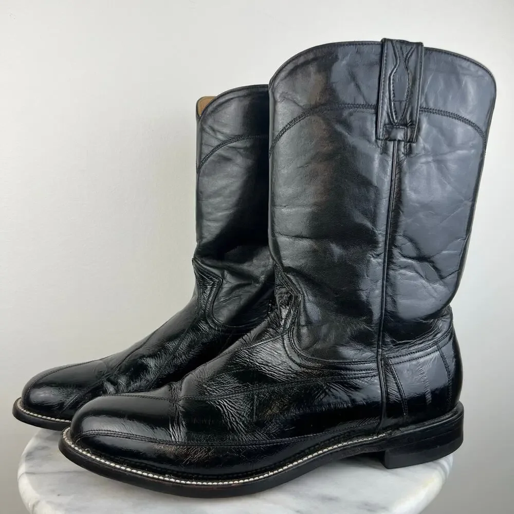 Herencia Exotic Genuine Eel Skin Black Leather Western Cowboy Boots (Sz 11)